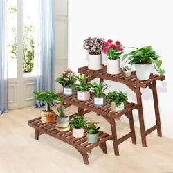 Freestanding 3 Tier Ladder Shelf Wood Plant Stand Indoor Outdoor Flower Pot Rack.