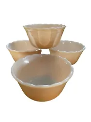 Set of 4 FIRE-KING 6oz Peach Lustre Scalloped Custard Cups Ramekins Bowls. No chips or cracks, some scuffing to outside...