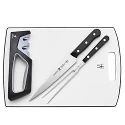 Set includes 8-inch carving knife, 7-inch carving fork, 10 x 14.75-inch cutting board, and 2-stage handheld sharpener...