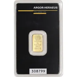 2 gram Gold Bar - Argor Heraeus - 999.9 Fine in Sealed Assay Card. The obverse of the Argor Heraeus Gold bar bears the...