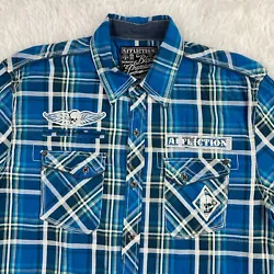 Up for Sale is an Affliction Blue Plaid Button Up Short Sleeve Shirt with white embroidery. Buy 3 or more and save15%....