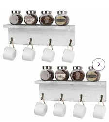 Coffee Mug Holders Rack Wall Mount Tea Cup Holder with Wood Shelf Wall Floating Shelf for Mugs Organizer Rack with 8...