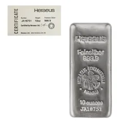 This 10 oz silver bar displays a unique serial number as well as the Heraeus logo. Produced by Heraeus. US Silver...