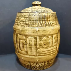 Ovenwear Cookie Jar Barrel Shaped Ceramic USA. Advertised here, is a ceramic, barrel-shaped cookie jar with a wood...
