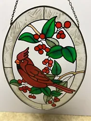 Up for sale is this Vintage Cardinals Stained Glass Sun catcher. It measures approximately 9