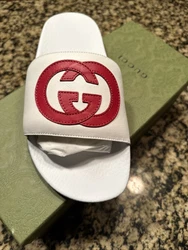 NEW GUCCI WHITE LEATHER INTERLOCKING G SLIDE SANDALS SHOES Size 38.