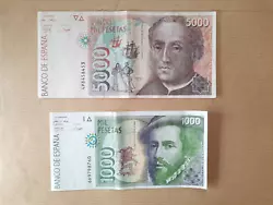 Le billet de 1000 pesetas - Francesco Pizzaro 6H9798760. Le billet de 5000 pesetas - Christophe Colomb 4P8458453.