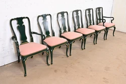 By Kindel Furniture. A gorgeous set of six Hollywood Regency Chinoiserie style dining chairs in Queen Anne form. Side...
