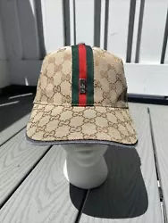 Vintage Gucci monogram GG strap back cap. In great preowned condition. Adult OSFA. Flaws: leather trim on the bill is...