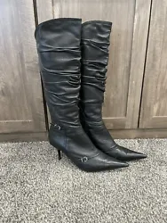 Leather Black Boots ALDO Knee High Pointy Toe Back Zip Stiletto 7.5 38 Slouchy. 3” skinny heel, pointy toe, gathered...