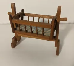 VINTAGE DOLLHOUSE Miniature Wooden CRIB Baby Rocker w/ Mattress Swings! C.1970s.  Condition is used. Wear and tear from...