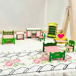 Dollhouse Furniture Set in pink and green lightweight wood. Very lightweight but nicely constructed and painted. There...