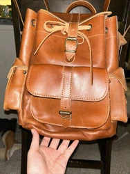 Genuine Leather Made In Greece Backpack Brown With Pockets Drawstring.