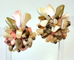 This is an Older Pair of Mother of Pearl Cluster Clip Earrings w/ Glass Seed Beads in a Climbing Fan Shape of 3, Long...