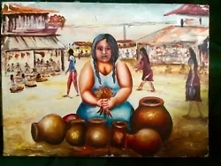 Vtg SILVA Art Mexican Hispanic Woman Selling Pottery Vases Oil on Canvas Painting. This painting is very beautiful, and...