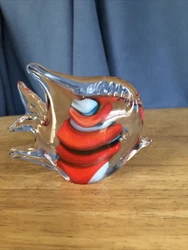 Murano Style Art Glass Paperweight Angel Fish Blue and Red Sculpture Figurine.. It has a center of blown glass in red,...