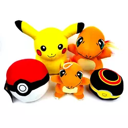 Lot of 5 Pokemon Plush Stuffed Animals - 1 Pikachu, 2 Charmanders, and 2 PokeBall s. All in very good to excellent...