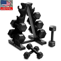 Black cast iron dumbbell set with rack. Steel handles with ergonomic grip. Great for both upper body and lower body...