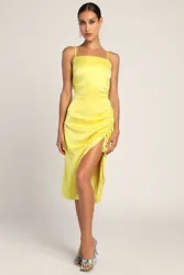 Lulus Bonafide Babe Yellow Satin Sleeveless Ruched. Hidden zipper/clasp at side. Shell: 95% Polyester, 5% Spandex....