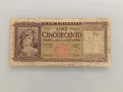 Billet Italie 500 Lires no 035223 décret du 18/08/1947. Pliures, salissures, fentes, froissé, 1 écriture 79