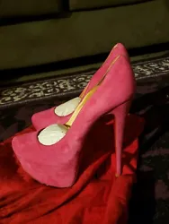 Christian Louboutin Pink Suede Daffodil Heels. Condition is 