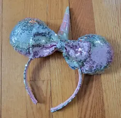Disney Parks Mickey Minnie Mouse Pastel Sequin Ears Headband with Unicorn Horn.  Ears are in excellent condition. ...