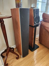 Pair of pre-owned Polk Monitor 60 speakers cherry color. Very good exterior condition, exceptional sound quality. 