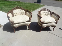 FRESH FROM AN OLD DENVER ESTATE.........PAIR OF FRENCHY ARMCHAIRS.THE WOOD LOOKS LIKE MAHOGANY.I DONT SEE ANY MAJOR...