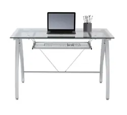 This RealSpace Vista glass computer desk features a pull-out tray that holds your keyboard and mouse, and the silver...