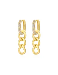 These Luv Aj Hanging Pave Chain Link Huggie Hoop Earrings in CZ and Polished Gold Plated feature a hanging chain link...