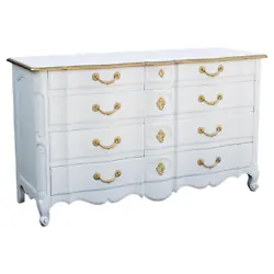This is a solid built dresser with dovetail joint, is newly refinished in a white satin topcoat and gold painted...