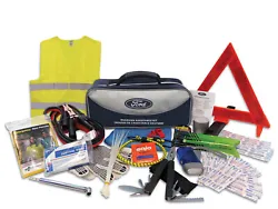 Kit includes Handy, soft carrying case with Ford Logo. First aid kit w/assorted bandages, and much more.