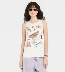 Pair this ivory graphic tank top with your favorite skinny jeans or joggers for a casual-cool ensemble. Length: 3.5