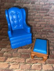 Vintage Fisher Price Dollhouse Blue Wingback Arm Chair And Ottoman. As-is