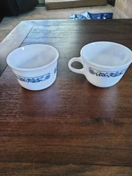 Pyrex Cup And Small Bowl white with blue pattern.  No chips or cracks