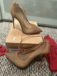 Color: Biscotto. Biscotto brown suede veau velours material. Style: Pointed Toe Pump.