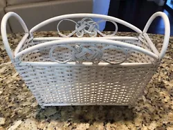 Vintage White Wicker Rattan Basket Magazine Rack Handles Shabby Chic Cottage. Please see pics for condition. Needs...