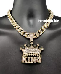XL Iced Crowned King Pendant Necklace. EXTRA LARGE Crowned King Pendant is made from zinc alloy with 14k gold plating....
