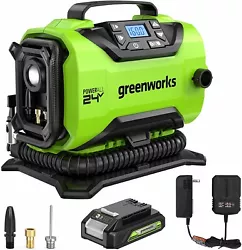 Greenworks ING401 . 1x Inflator. >24V Portable Air Compressor (Max. >24V 2Ah Li-ion Battery. 1) Two Power Sources. 1x...