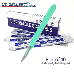 ITEM:10 DISPOSABLE STERILE SURGICAL SCALPELS #11 CARBON STEEL BLADE WITH PLASTIC GRADUATED HANDLE. Sterilized by gamma...
