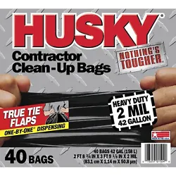 Husky 42 Gallon Flap Tie 40 Count Black Contractor Clean-Up Bags 2 MIL. Contractor Clean-Up Bags; Heavy Duty 2 MIL; 40...