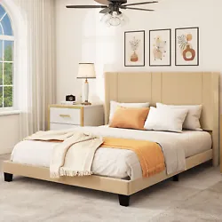 ELEGANT DESIGN- The upholstered platform bed has a minimalist headboard style that looks elegant in your bedroom; Beige...