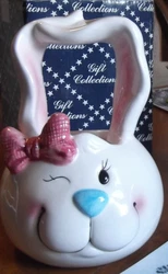 Whimsical white ceramic bunny rabbit candy dish with ear handles approx 6