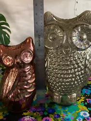 Set of 2 Large Mercury Glass Owls / Silver & Copper / Halloween & Fall Decor.