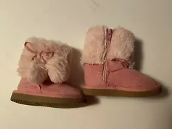 Pre-owned very good condition Pink suede boots with fur trim and fur pom-poms, little girls boot size 5 by Harper...