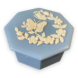 Vintage Light Blue Resin/Celluloid Trinket Box Decorated w/Butterflies & Flowers.
