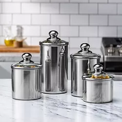 Set of 4 AIRTIGHT STAINLESS STEEL CANISTER SET for Kitchen Counter with GLASS LIDS + MARKER, LABELS, & SCOOP, Kitchen...