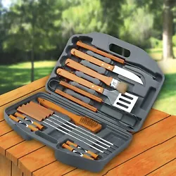 18 piece stainless steel barbecue set has wooden handles for cool touch cooking. SUPERIOR CONSTRUCTION : Made from...