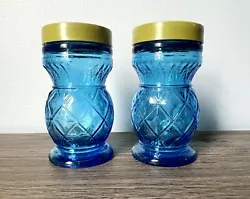 Vintage Set of 2 Wheaton NJ Blue Glass Spice Jar w/ Green Lids. Please view all photos for full condition description....