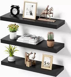 Fixwal Black Floating Shelves, Set of 3 Wall Shelves, Large 24in x 6in Wall Mounted Shelf for Bedroom, Living Room,...